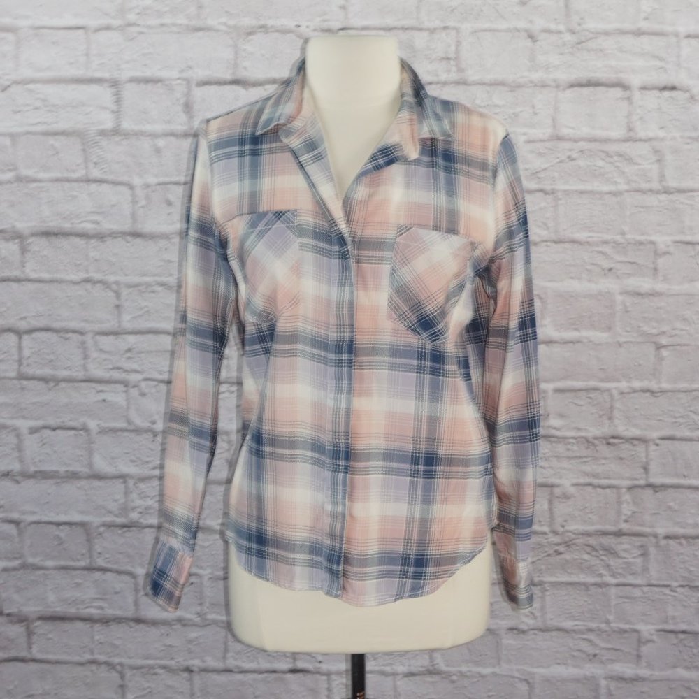 Bloomingdales Aqua Plaid Button Down Top - Picture 1 of 7